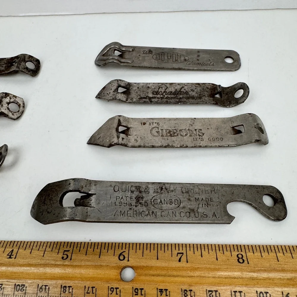 7 Vtg Mixed Advertisement Lot of Metal Can Bottle Openers Rusted Aged Man Cave
